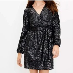 LOFT Black Sequin Dress Long Sleeve V Neck Party Cocktail Shimmer‎ Sparkle Sz 4